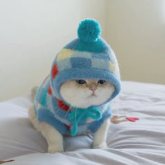 Argyle Pattern Pom-Pom Hooded Cat Sweater