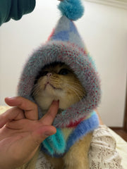 Suéter de gato con capucha y pompones con estampado de rombos