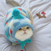Suéter de gato con capucha y pompones con estampado de rombos
