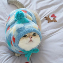 Argyle Pattern Pom-Pom Hooded Cat Sweater