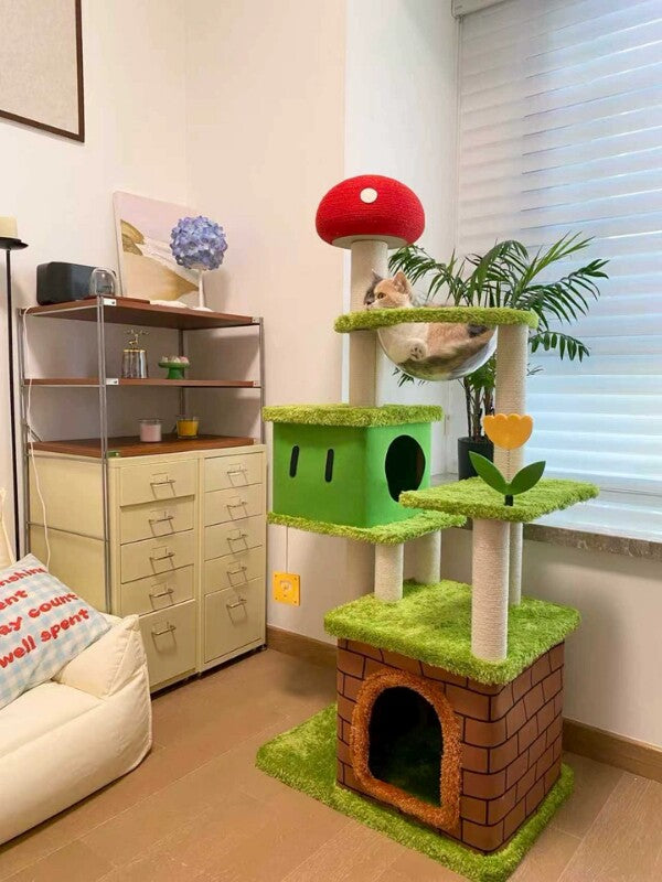Katzenbaum mit Pilzmotiv im Mario Bros.-Stil
