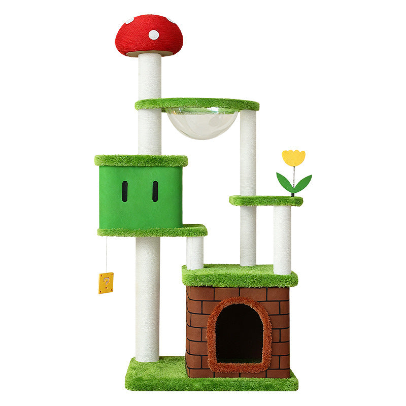 Katzenbaum mit Pilzmotiv im Mario Bros.-Stil