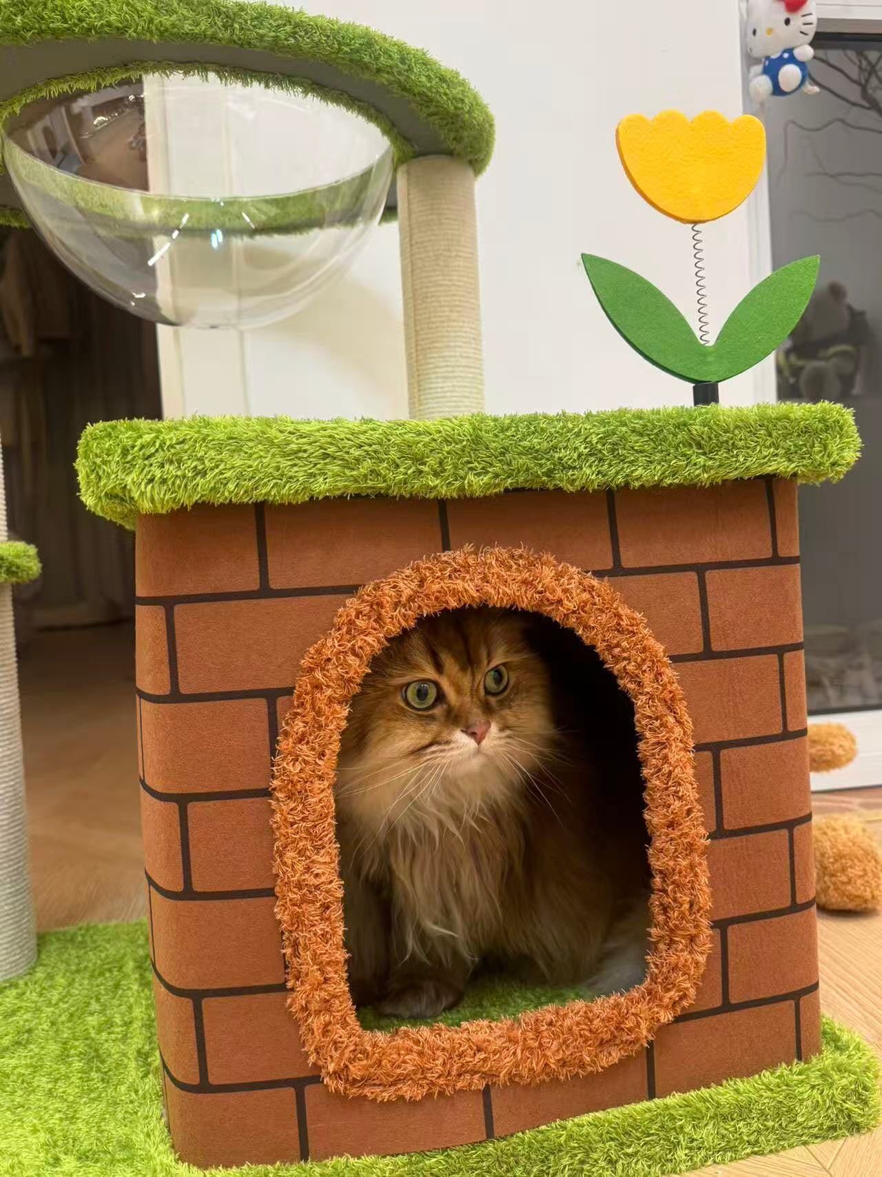 Katzenbaum mit Pilzmotiv im Mario Bros.-Stil