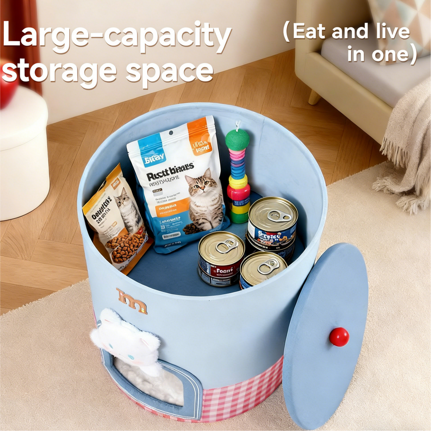 Cama y contenedor de almacenamiento 2 en 1 Cute Kitty Barrel para gatos
