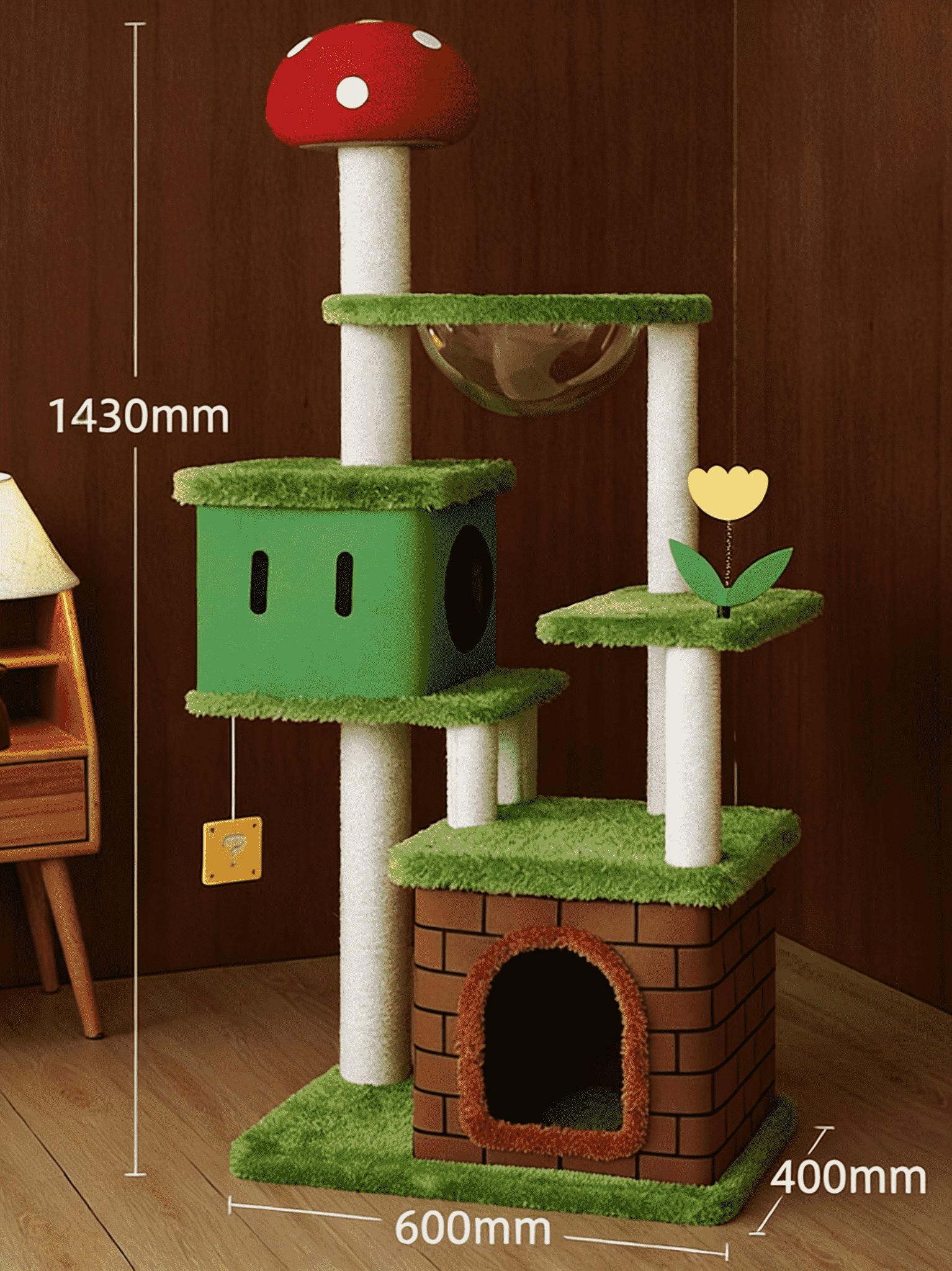 Katzenbaum mit Pilzmotiv im Mario Bros.-Stil
