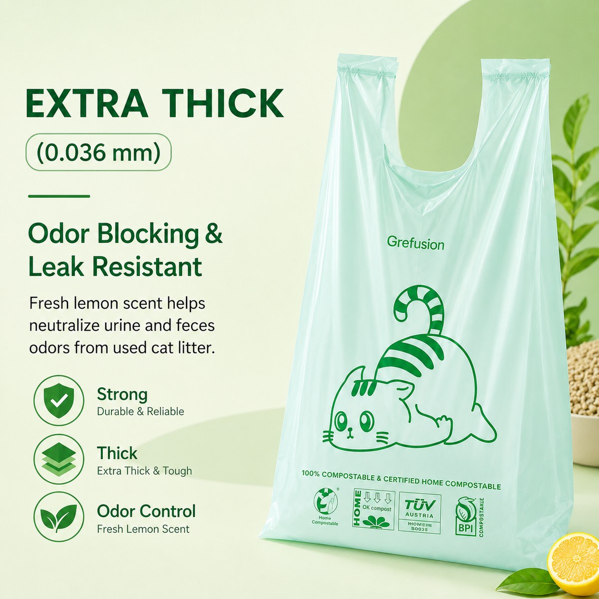 Lemon-Scented Cat Litter Biodegradable Bags – Extra-Thick Compostable Waste Bags