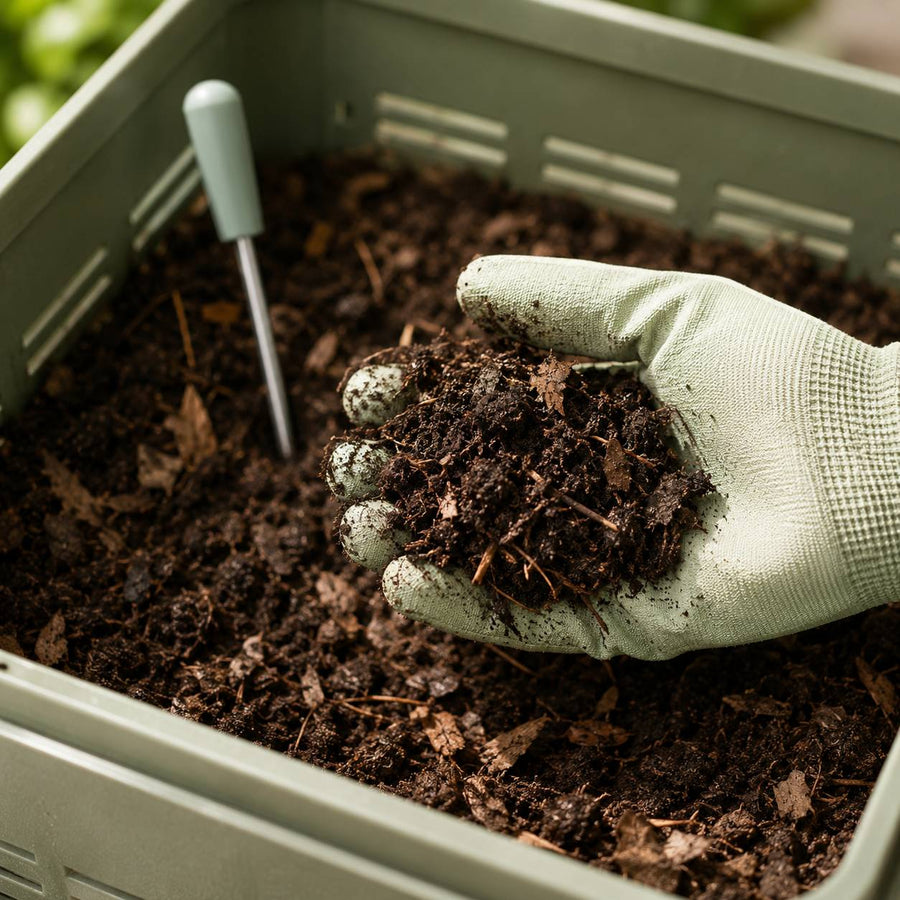 Checking compost moisture and temperature