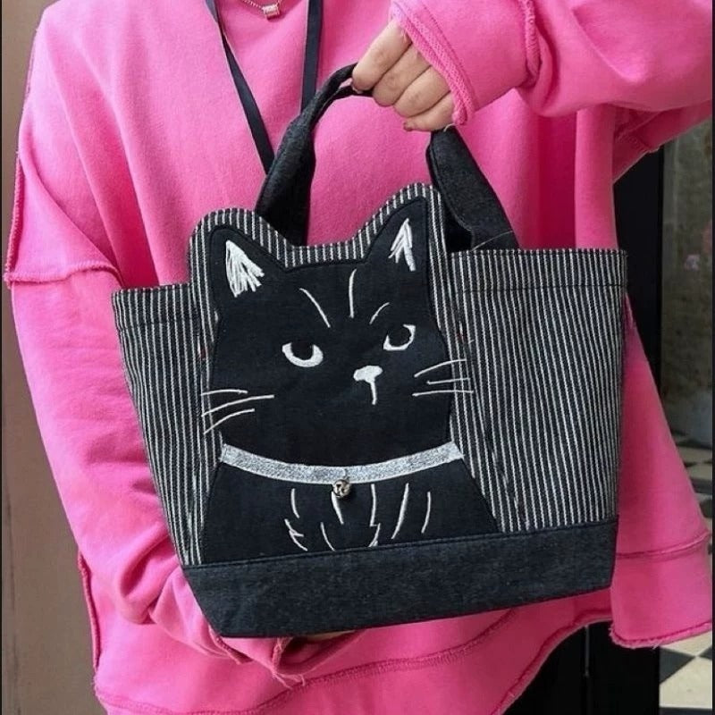 Midnight Whiskers Embroidered Cat Lunch Bag