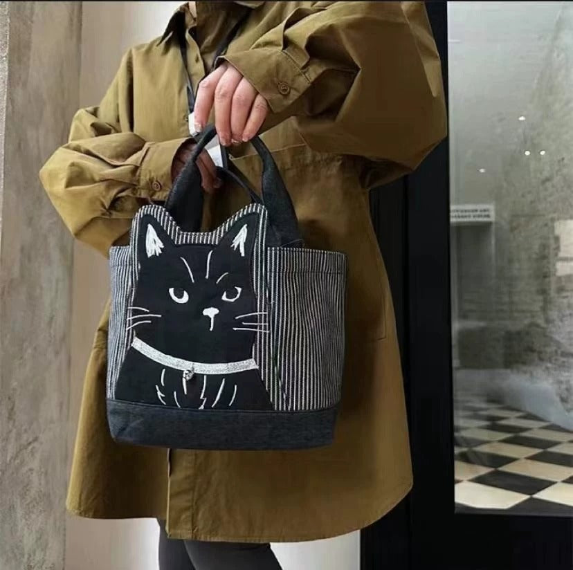 Midnight Whiskers Embroidered Cat Lunch Bag