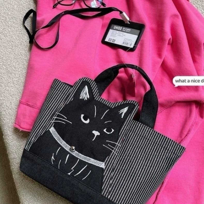 Midnight Whiskers Embroidered Cat Lunch Bag