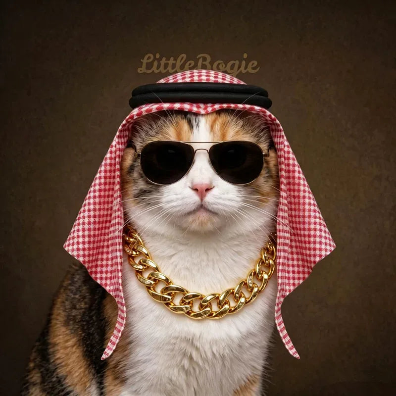 Luxury Boss Pet Costume Set – Headscarf, Sunglasses & Chain