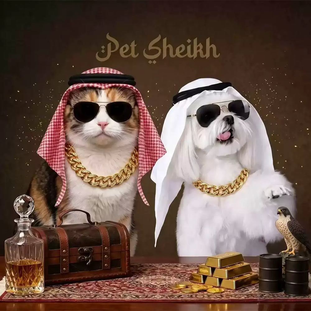 Luxury Boss Pet Costume Set – Headscarf, Sunglasses & Chain