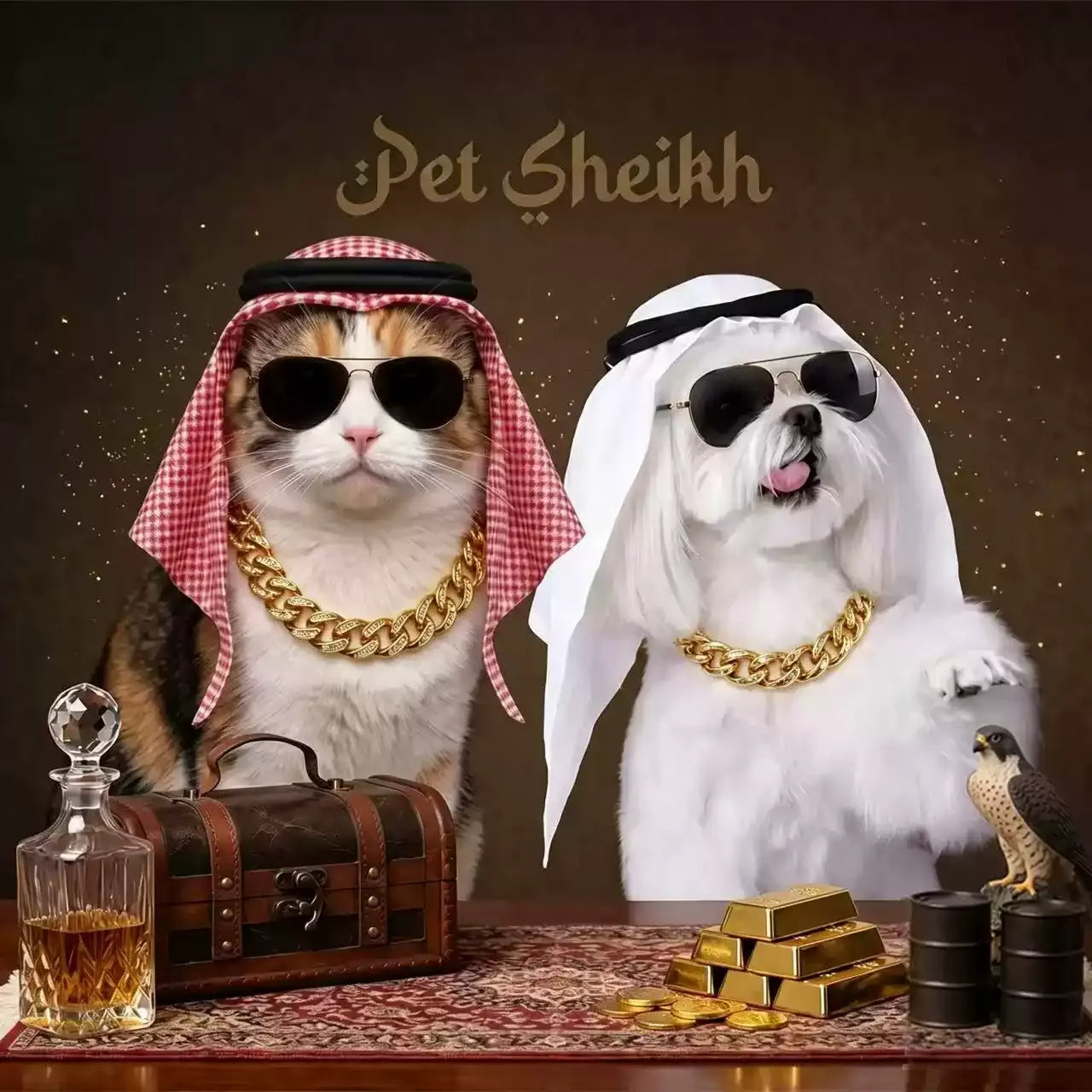 Luxury Boss Pet Costume Set – Headscarf, Sunglasses & Chain