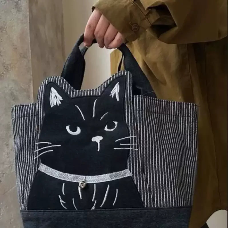 Midnight Whiskers Embroidered Cat Lunch Bag