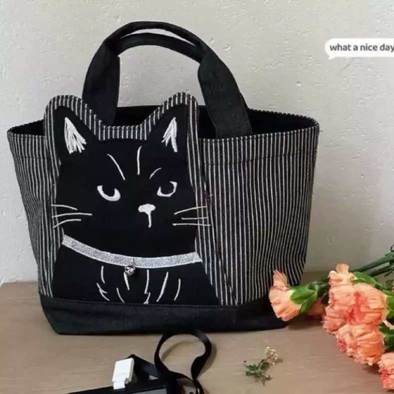 Midnight Whiskers Embroidered Cat Lunch Bag
